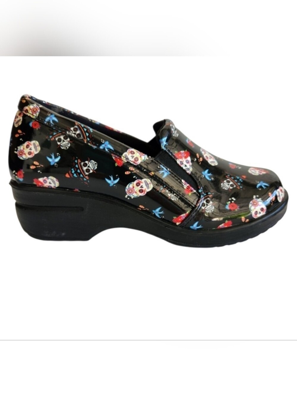 Sugar Skulls Clogs Dia De Los Muertos Slip Resistant Shoes Size 9W Black